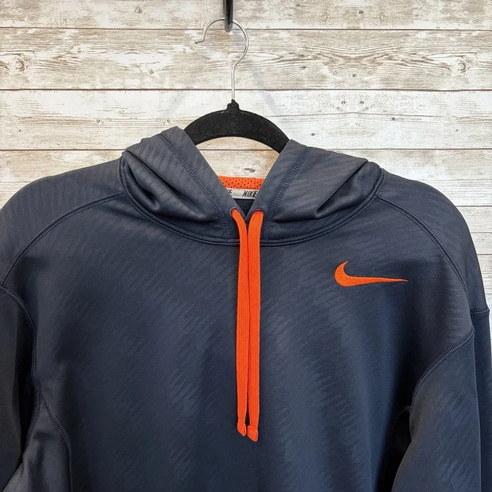 Nike Mens‎ M Hoodie Therma Fit Navy Blue Pullover Sweatshirt Orange Swoosh Logo